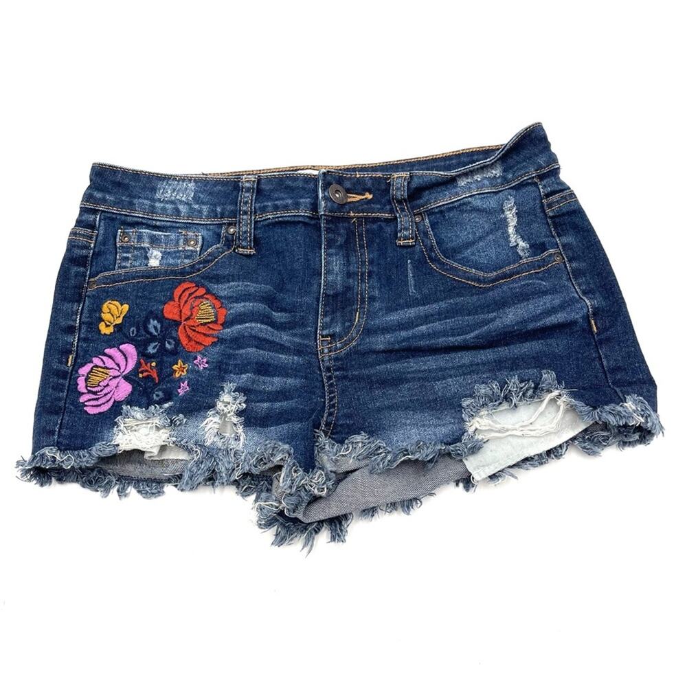 ZCO JEANS mini denim distressed frayed short embroidered floral size 7